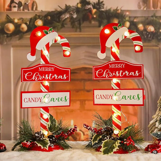 Metal Merry Christmas Sign with LED Light Battery Operated with Timer Christmas Signs with Base Xmas Holiday Decorations table Indoor Display Decor Candy Cane Small