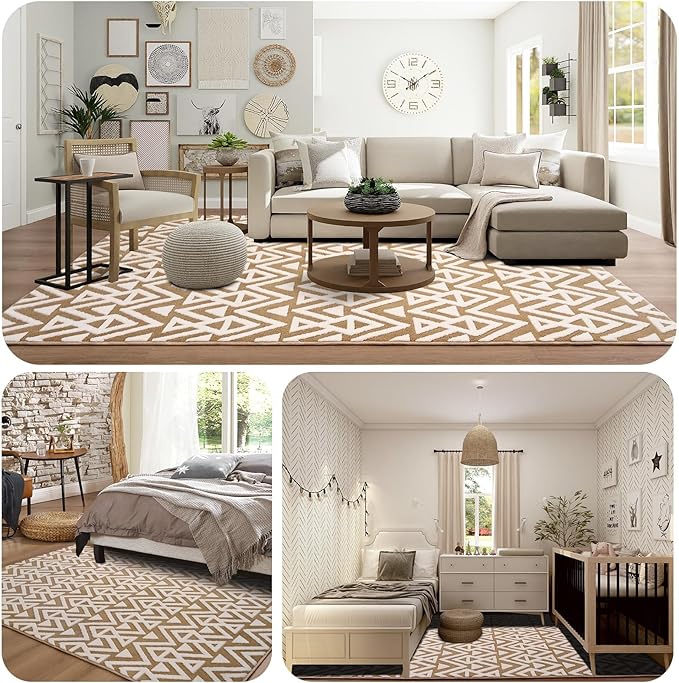 Ompaa Ultra Soft Shaggy Rugs Memory Foam Bedroom Carpet, Beige 6 x 9 Feet, Plush Geometric Textured Area Rugs for Living Room Couch Dorm Bedside Kids Girls Teens Room Nursery Decor Floor Mat