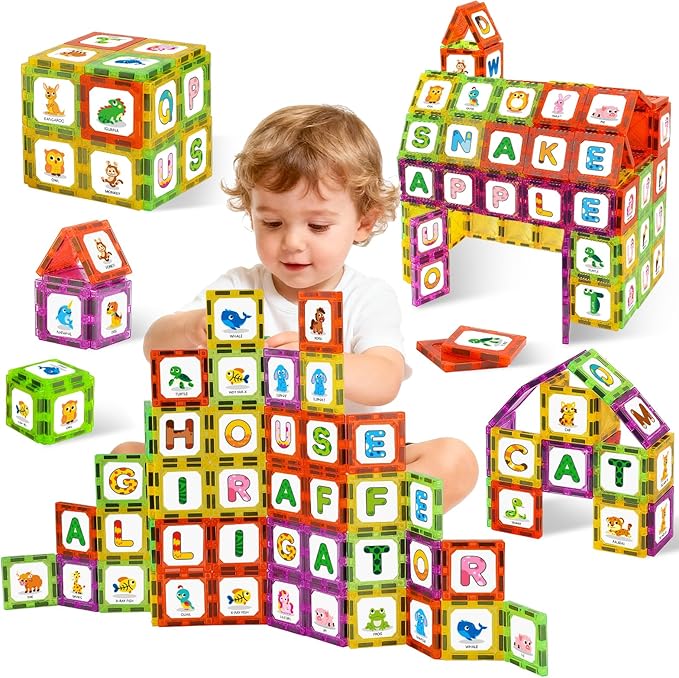 Magnetic Tiles Letters Learning Toys, Animals Alphabet ABC Magnets for Kids 1-3 2-4 3-5 4-8, Toddlers Classroom Must Haves 48PCS Stacking Toys, Homeschool Essentials for Preschool Spelling Game