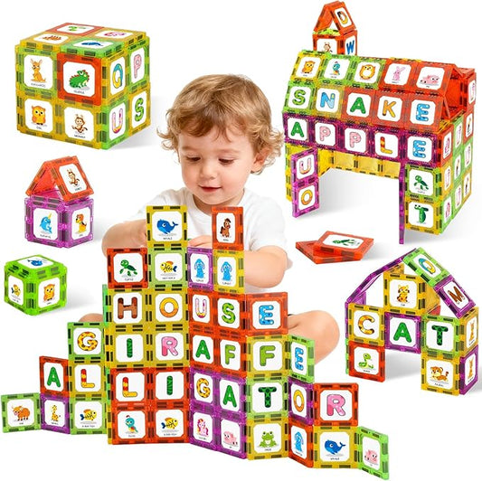 Magnetic Tiles Letters Learning Toys, Animals Alphabet ABC Magnets for Kids 1-3 2-4 3-5 4-8, Toddlers Classroom Must Haves 48PCS Stacking Toys, Homeschool Essentials for Preschool Spelling Game