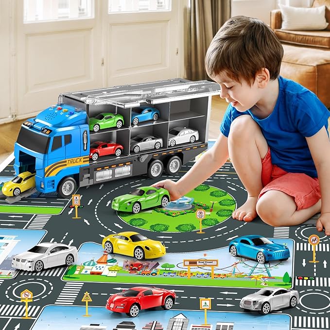 Toddler Toys for 3-8+ Years Old, Truck Vehicle Set With Play Mat, Die-Cast Car Carrier for Kids, Birthday Gifts for Boys