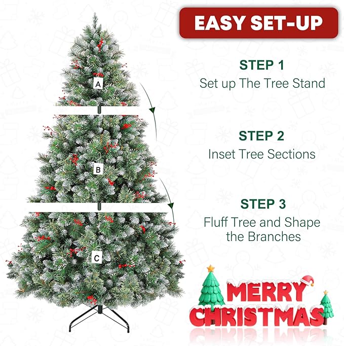 7.5ft Lighted Frosted Christmas Tree, Artificial Christmas Pine Tree with Red Berries, 350 Warm White LED Lights, 1372 Branch Tips, Foldable Metal Stand and Hinged Branches