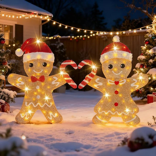 2D Light Up Gingerbread Man Christmas Decorations, 32 Inch Lighted Christmas Outdoor Decorations Yard with 100L, 2Pcs Gingerbread Man Couple Xmas Festive Holiday Front Garden Patio Yard Lawn Display