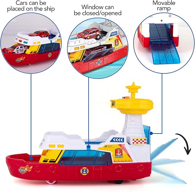 ArtCreativity Light Up Boat Toy with Sounds - Colorful Fire Dept Model Ship with Wheels & 3 Alloy Metal Cars - Kids Ferry Boat for Imaginative Play - Kids Birthday Gift Party Favor
