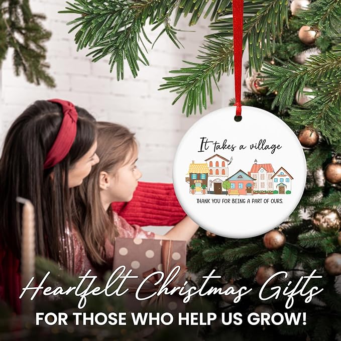 OASSIE Thank You Gifts for Women Men - It's Takes A Village Ceramic Christmas Ornaments 2025 - Christmas Appreciation Daycare Gifts for Neighbor Teacher Nurse Coworker Employee Nanny Babysitter