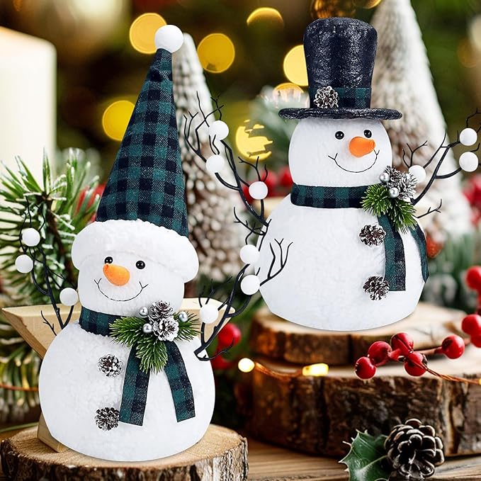 2 Pack Green and White Christmas Day Decor, 14" Lighted Plush Christmas Day Snowman Decorations, Light Up Snowman Holiday Present, Table Mantel Desk Fireplace Shelf Home Holiday Minimalist Decor