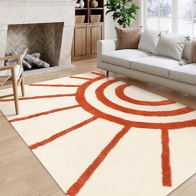 OJIA Boho Washable Rugs 5x8 Rug for Living Room Kids Room,Orange Sun Bedroom Carpet Soft Tufted Modern Farmhouse Cute Bedside Carpet for Dorm/Playroom/Nursery Room