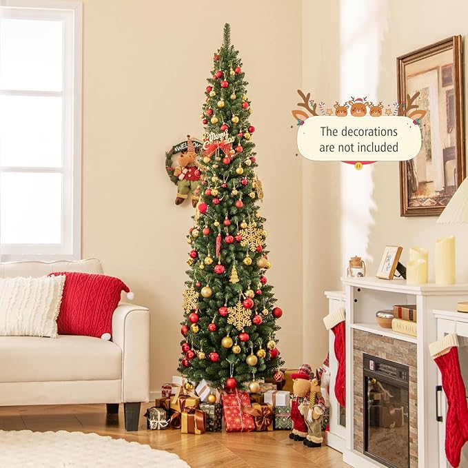 GOFLAME 7FT Pencil Christmas Tree, Slim Artificial Xmas Tree with 523 Memory Wire Branch Tips & Upgraded Metal Stand, Seasonal Holiday Decoration Tree for Home Office Party