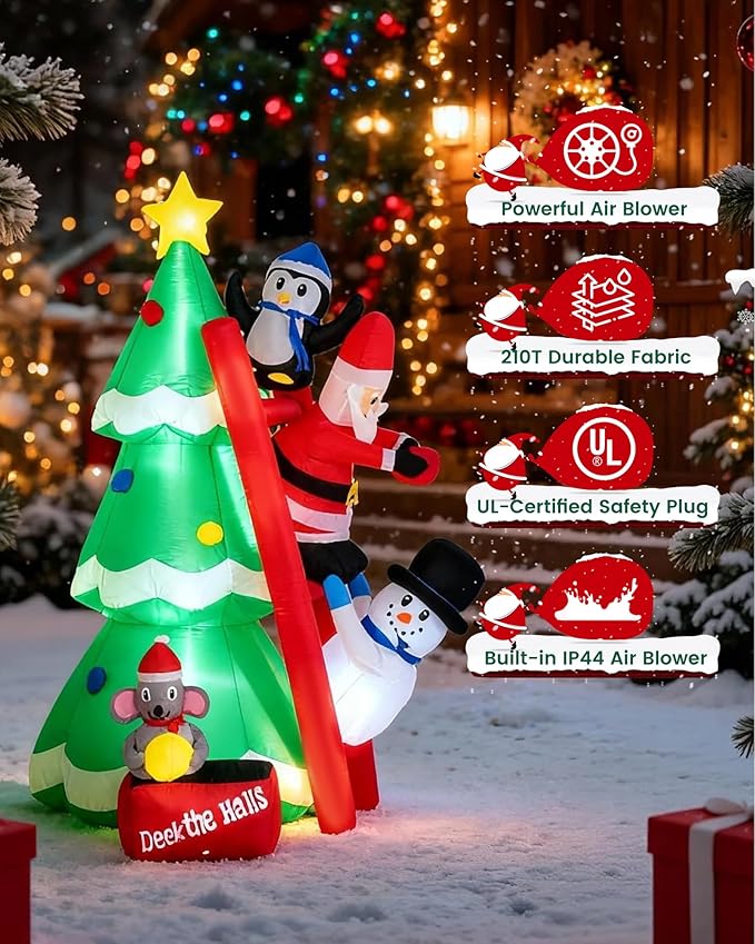 6FT Inflatable Christmas Tree with LED Lights, Blow Up Christmas with Penguin Snowman Santa and Mouse Outdoor Yard and Indoor Holiday Decor for Patio Garden Lawn