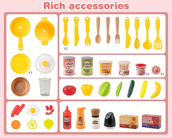 Kids Kitchen Play Set，Interactive Kids Kitchen Play Set with 50Pcs of Pretend Kitchen Toys，Realistic Sound Effects，and Simulated Functionality - Suitable for Toddlers Aged 3-5 Years(Pink)