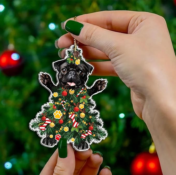 2025 Black Pug Dog Christmas Ornament - Adorable Dog Dressed as a Christmas Tree - Fun and Festive Acrylic Decoration (Black Pug Tree)