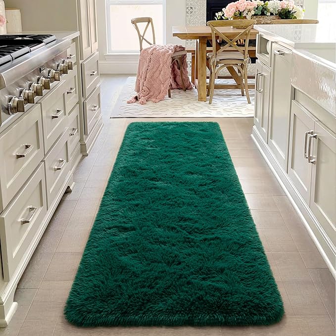 2x6 Dark Green Fluffy Bedside Runner Rug Machine Washable, Shag Throw Bedroom Rugs Non Slip, Hallway Small Area Long Plush Carpet for Nursery, Kid Boy Girl Room