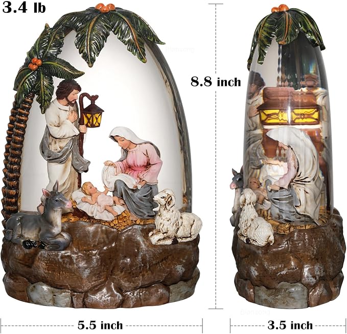 Nativity Snow Globe Christmas Decorations for Home Nativity Scene with Timer Music Sheep Donkey 8.8 inch