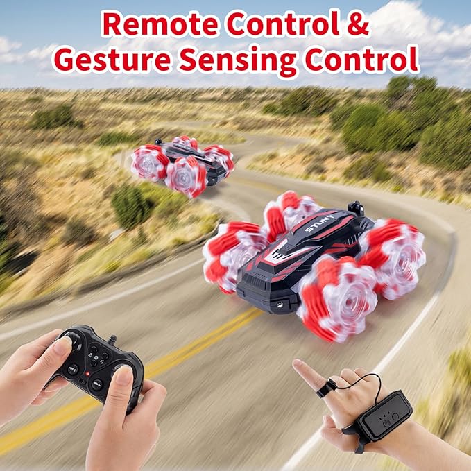 RC Stunt Car, Double-Sided 360° Flips, 4WD 2.4 GHz Gesture Sensing RC Cars with Cool Lights and Music, for Boys Aged 6-12, Great Birthday Presents, Toy Cars (Red)