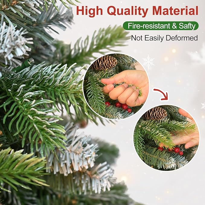 6 Ft Artificial Christmas Tree Pre-Decorated with Snow Flocked PVC&PE Tips, Pine Cones, Red Berries, Unlit Xmas Tree with Metal Stand for Hoilday Office Outdoor Christmas Decoration(Green White)