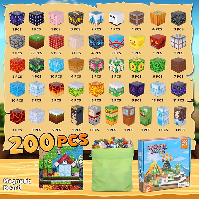 200PCS Magnetic Blocks, Magnetic Building Block Cube Toys with Magnet Board for Kids, STEM Toys Gifts for Boy and Girls Age 3+ Years Old