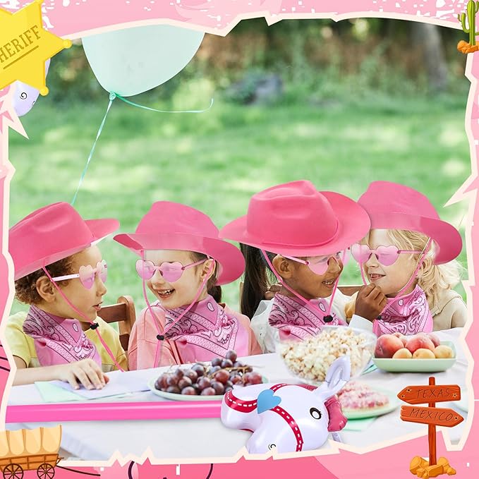 Xtinmee 48 Pcs Kids Cowboy Party Favor with Cowboy Hats Inflatable Stick Horses Bandanas Heart Glasses for Kid Costume(Pink)