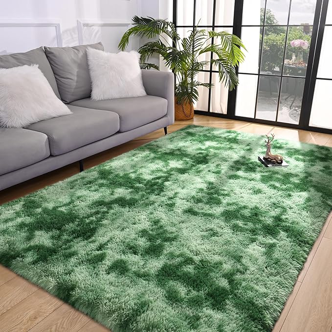 Pettop Fluffy Shag Area Rug, 4x6 Tie-Dyed Plush Fuzzy Rugs for Living Room, Ultra Soft Shaggy Rugs for Bedroom, Non-Slip and Washable Indoor Carpet for Girls Kids Room Home Decor, Light Green