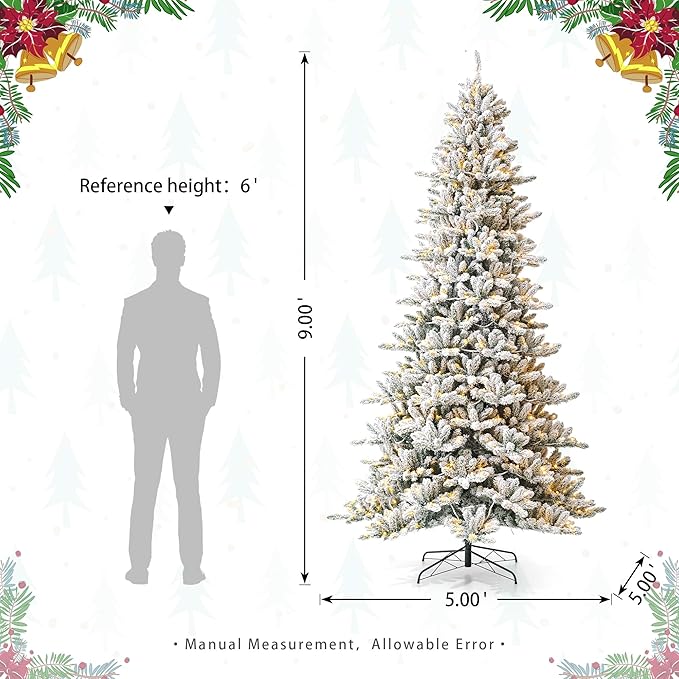 Glitzhome 9ft Pre-Lit Snow Flocked Fir Artificial Christmas Tree, Holiday Xmas Tree with 650 Warm White Lights and Sturdy Metal Stand for Home, Office, Party Decoration