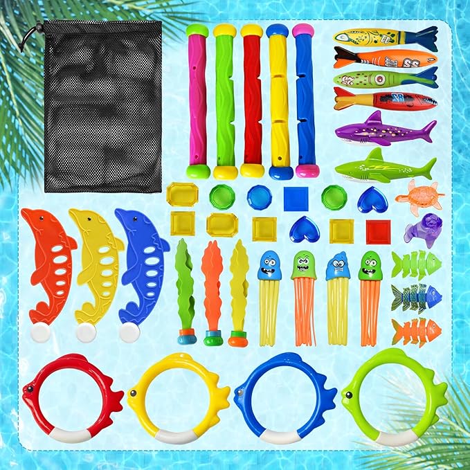 Jasonwell Pool Diving Toys Games - 42PCS Swimming Pool Toys with Dive Sticks and Rings Underwater Treasures Torpedo Bandits Fish Toy etc Fun Water Swim Toy for Boys Girls Adults Kids Teens