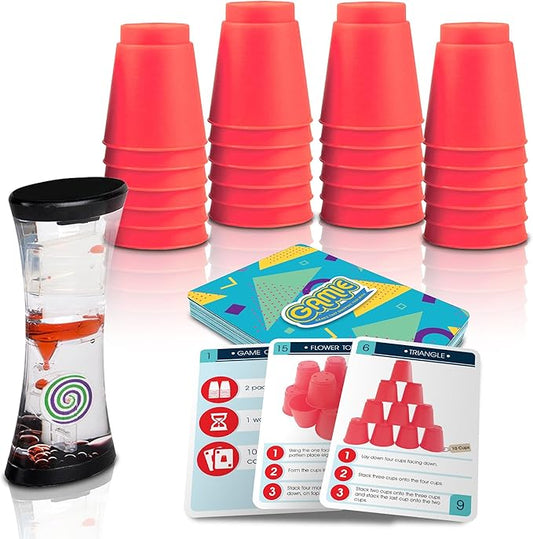 Gamie Stacking Cups Game with 18 Fun Challenges and Water Timer, 24 PCS Cup Stacking Set, Classic Family, Indoor Recess Game for Classroom, Fun Gift Idea for Boys and Girls Ages 3+ Olds