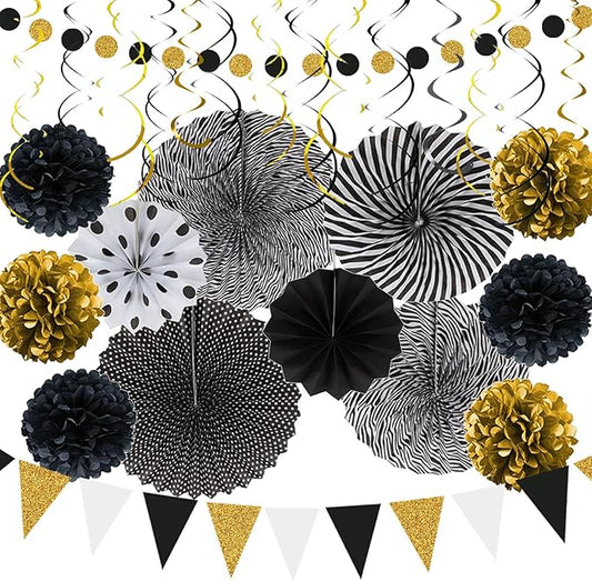 Myafqsj Black and Gold Party Decorations 20Pcs Black and Gold Birthday Decorations Whit Pom Poms Hanging Paper Fans, Hanging Swirls, Pennant, Garland String for Birthday Wedding Party Decorations