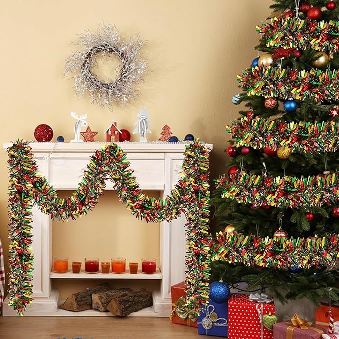 50ft Metallic Twist Tinsel Garland - Shiny Hanging Ornaments for Christmas Tree & Holiday Home Decoration - Red, Green, Gold