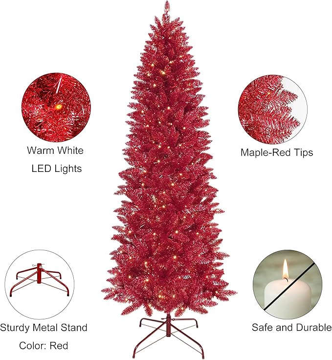 7.5FT Prelit Slim Artificial Maple Red Tinsel Christmas Tree with 250 Warm White LED Lights, Sparkling Skinny Pencil Metallic Tree for Girls’ Rooms, Living Rooms Modern Holiday Décor