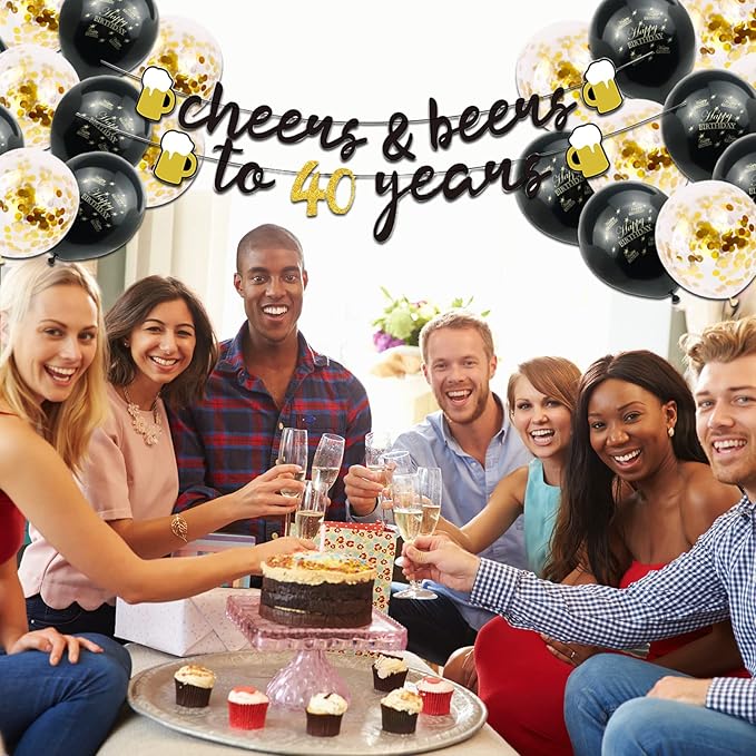 40th Birthday Decorations for Men, 40 Birthday Decorations with 40 Inch Gold 40 Number Balloons, Cheers to 40 Years Banner,Fringe Curtains and Cups Foil Balloons