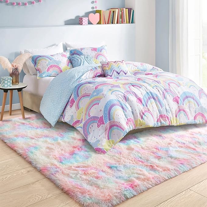 Ompaa Soft Fluffy Rainbow Kids Rug for Girls Bedroom Carpets, 4x6 Feet, Pastel Unicorn Room Decor, Kawaii Tie Dye Rugs for Teens Dorm Aesthetic, Shaggy Nursery Area Rug for Baby Toddler Princess Room