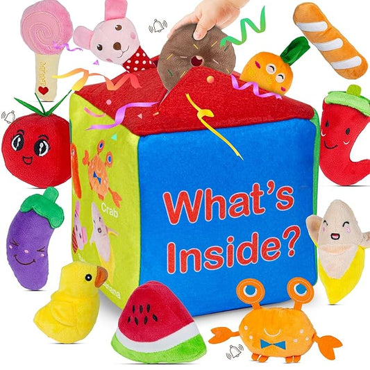 Baby Mystery Soft Box Toys, Plush Felt Box with 12 Toys, Sound Learning Set, What's Inside Montessori Cognitive Play for Toddlers 6 Months+, Birthday Gifts for Boys Girls