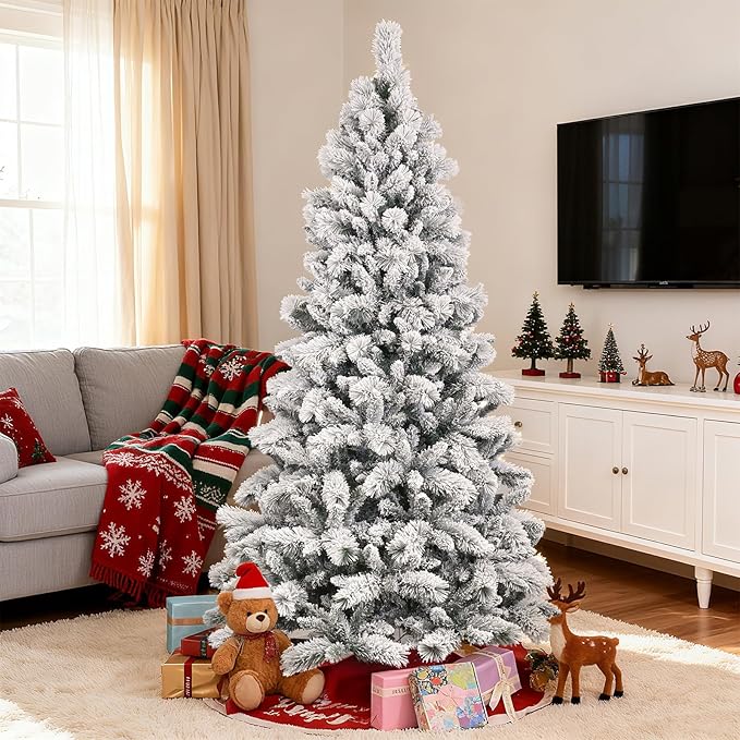 6 Ft Unlit Snow Flocked Christmas Tree, Artificial Xmas Tree with 752 PVC/PE Realistic Branch Tips, Metal Stand Decor for Holiday, Party, Home Easy to Assemble