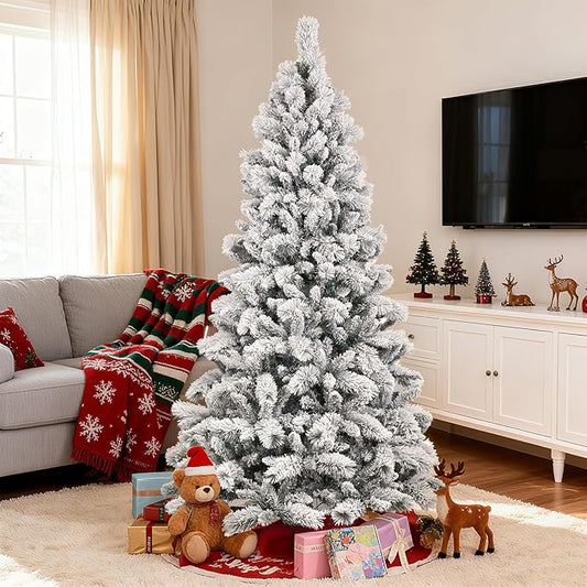 9 Ft Unlit Snow Flocked Christmas Tree, Artificial Xmas Tree with 1964 PVC/PE Realistic Branch Tips, Metal Stand Decor for Holiday, Party, Home Easy to Assemble
