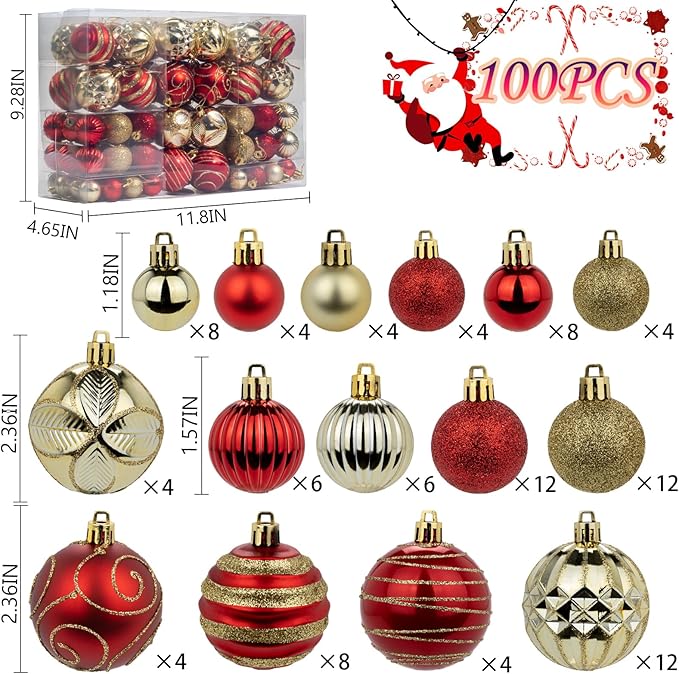 100Pcs Christmas Ball Ornaments Set, Shatterproof Plastic Red and Gold Christmas Ornaments for Xmas Tree, Assorted Baubles Hanging Decorations for Holiday/Party/Wedding