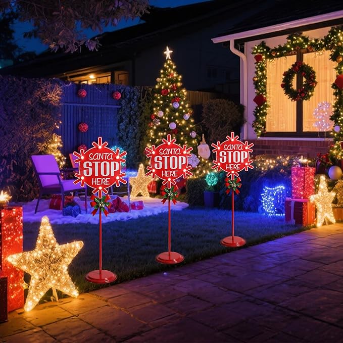 Christmas Santa Stop Here Sign with LED Light Battery Operated with Timer Christmas Stop Sign with Base Xmas Holiday Decorations Patio Lawn Yard Outdoor Display Decor