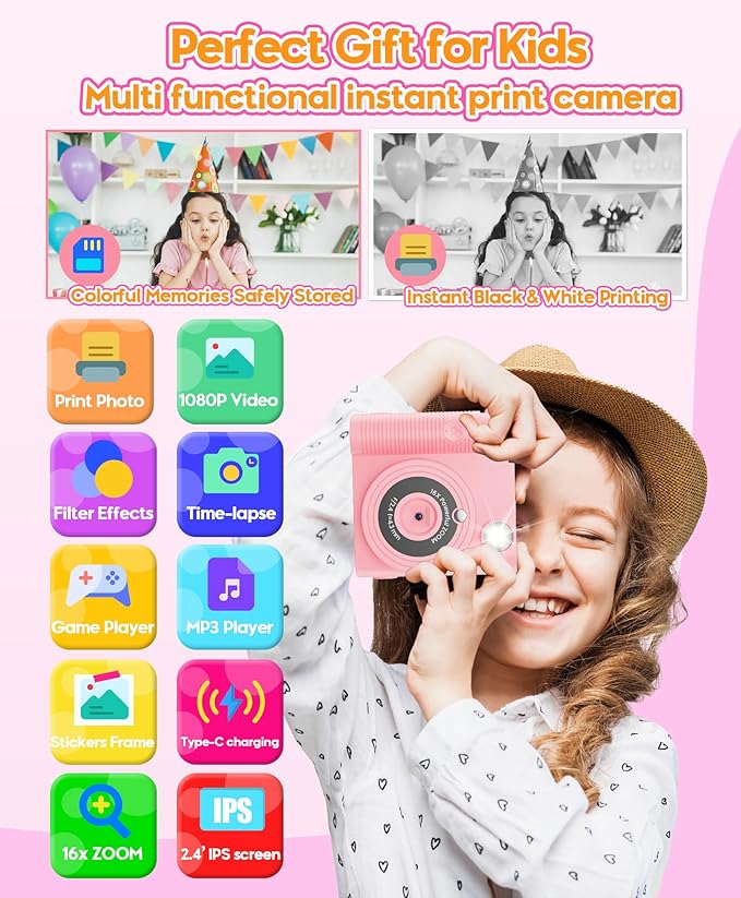WONNIE Kids Camera Instant Print,1080P Selfie Digital Camera with 2.4" Screen & 32GB Card,Toddler Portable Toy for Ages 3-12,Christma-s Birthday Gifts for 3 4 5 6 7 8 9 Year Old Girls Pink