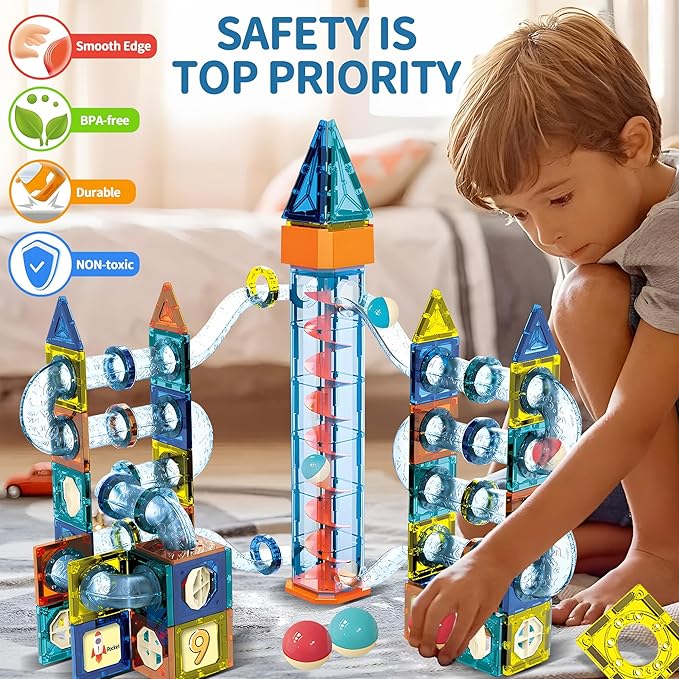 Glowing Marble Run Construction Set with 15 Glow in The Dark Glass Marbles, STEM Gifts for Boys and Girls, Building Project Toy