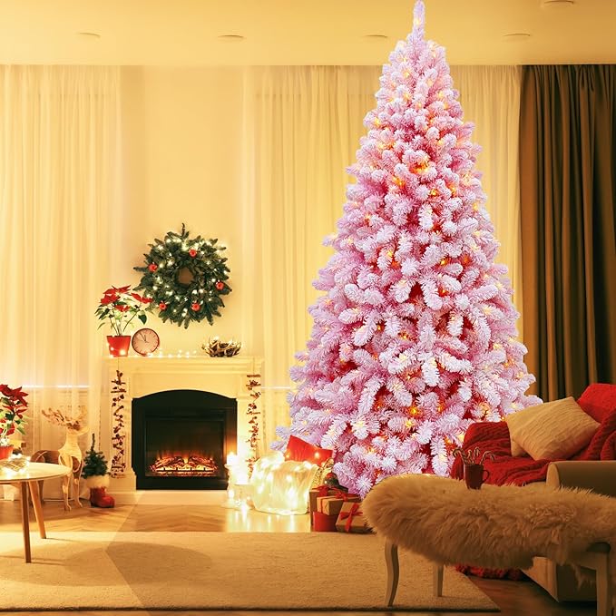 Christmas Tree 7.5 ft, Pink Prelit Christmas Tree with Lights, Flocked Christmas Trees Prelit with 10 Modes Colorful 400 Lights, Easy Assembly Artificial Christmas Trees with Fluffy Tips