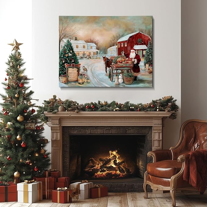 AbcCustomize Vintage Christmas Tree Farm Canvas Wall Art, Winter Country Landscape Painting Print on Gallery Wrapped Canvas, Ready to Hang Christmas Decorations & Holiday Gifts