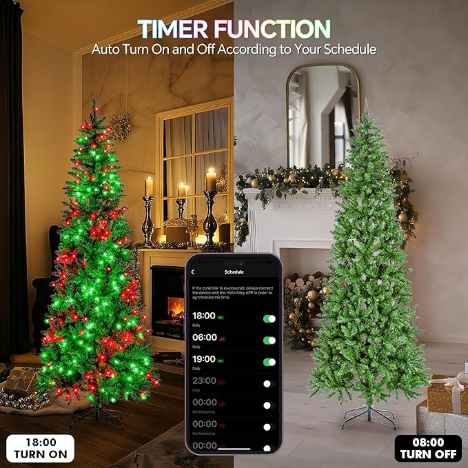 7.5FT Prelit Christmas Tree with 350 LED Lights, App Controlled Artificial Christmas Tree with Multi-Color RGB Lights & Music Sync, Slim Pencil Christmas Tree for Home Christmas Decorations