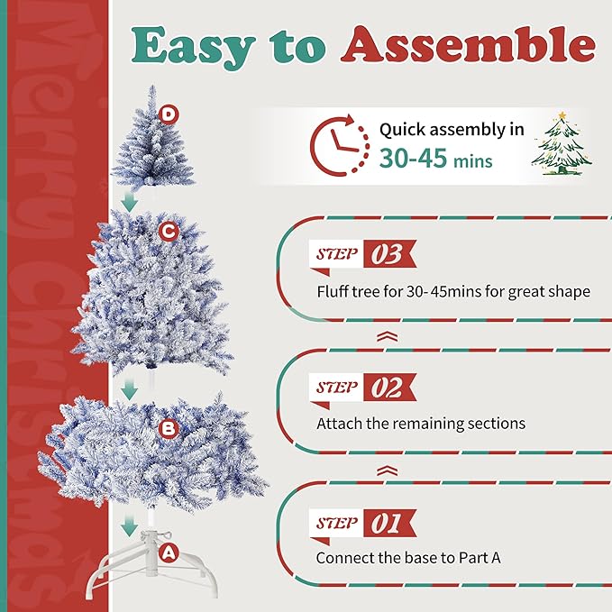 6FT Blue Premium Artificial Holiday Christmas Tree, Snow-Flocked Pine Tree with 1000+ Branch Tips, Metal Stand and Hinged Branches for Indoor and Outdoor