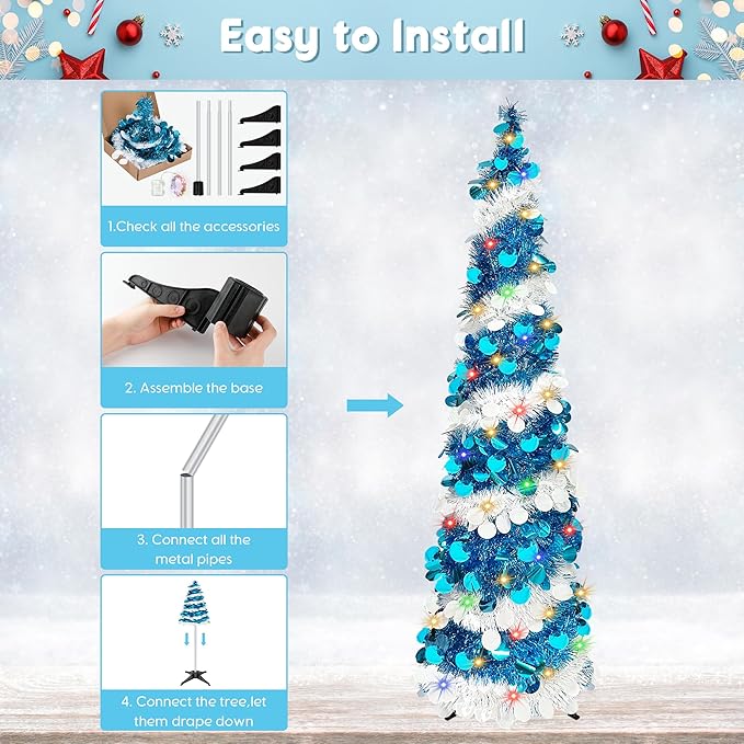 Pop Up Christmas Tree, 5FT Collapsible Artificial Blue Christmas Trees with 90 LED Lights, Tinsel Small Pencil Christmas Tree for Home Holiday Fireplace Party Indoor Outdoor Xmas Decorations