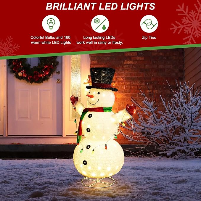 Glitzhome 4FT Lighted Christmas Snowman, 3D Foldable Fabric Outdoor Snowman Decor with Colorful Bulbs Holiday Lawn Ornament Yard Decoration Outdoor and Indoor use Long-Lasting, 160 Warm White LED