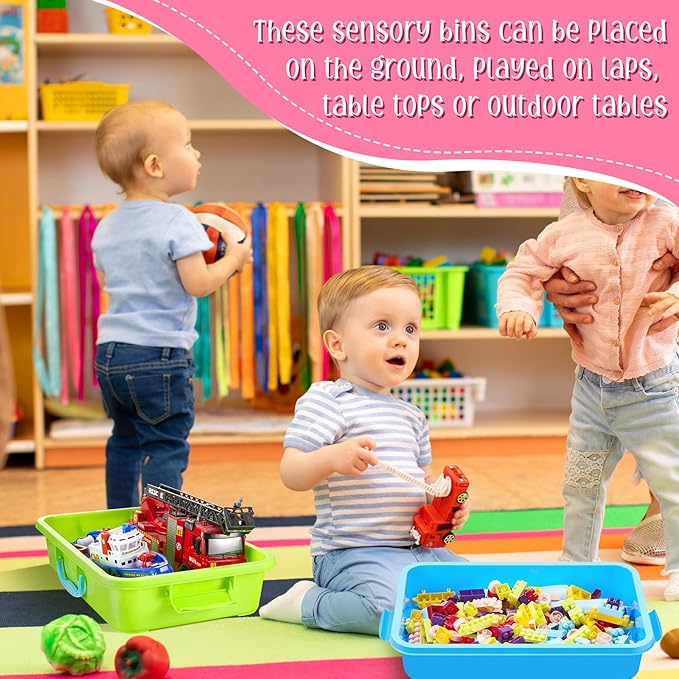 2 Pcs Sensory Bin Sand Tray with Lid for Plastic Sandbox Toy Fill with Water, Sand, Beads and More, for Indoor Outdoor Activities Play(Blue, Green)