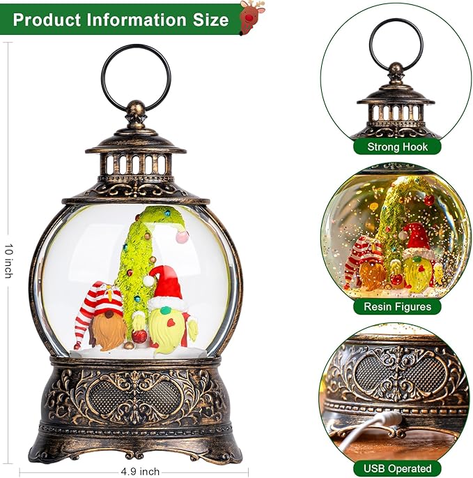 Christmas Snow Globes Christmas Water Lantern with Gnome Whimsical Christmas Tree, Music & 6H Timer, USB Lined/Battery Operated Lighted Lanterns for Xmas Festival Decoration Gifts