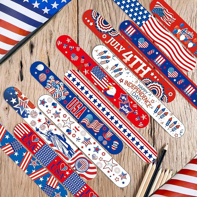 48 pcs 4th of July Slap Bracelets Toys, 4th of July Party Favors Supplies Patriotic Accessories Decorations