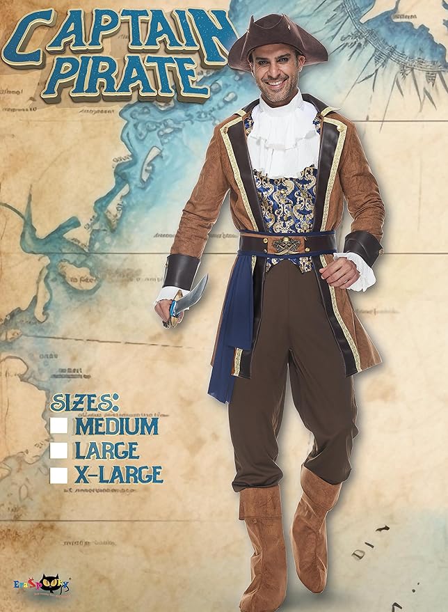 Men Deluxe Pirate Costume Adult Halloween Outfit Sea Captain Buccaneer Cosplay Party Dress Up 6 Pcs