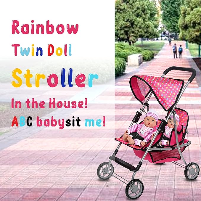 Toy Doll Stroller - Pretend Play Doll Stroller for Dolls - Toy Stroller with Storage Basket for Doll Accessories Set - Polka Dot Design Stroller Toy for Kids