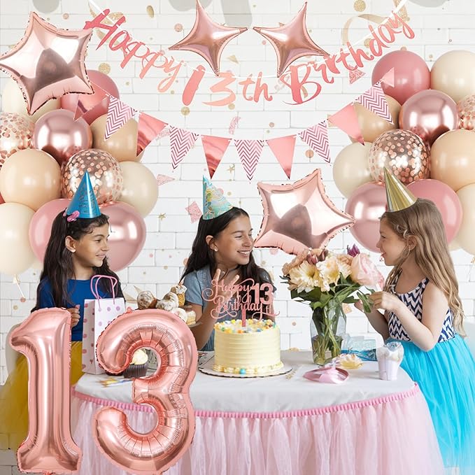 13th Birthday Decorations for Girls, Retro Pink Number 13 Balloon Set Happy 13th Birthday Banner Cake Topper Dusty Pink Beige Nude Rosegold Star Balloons for Boho 13 Year Old Bday Party Decoration