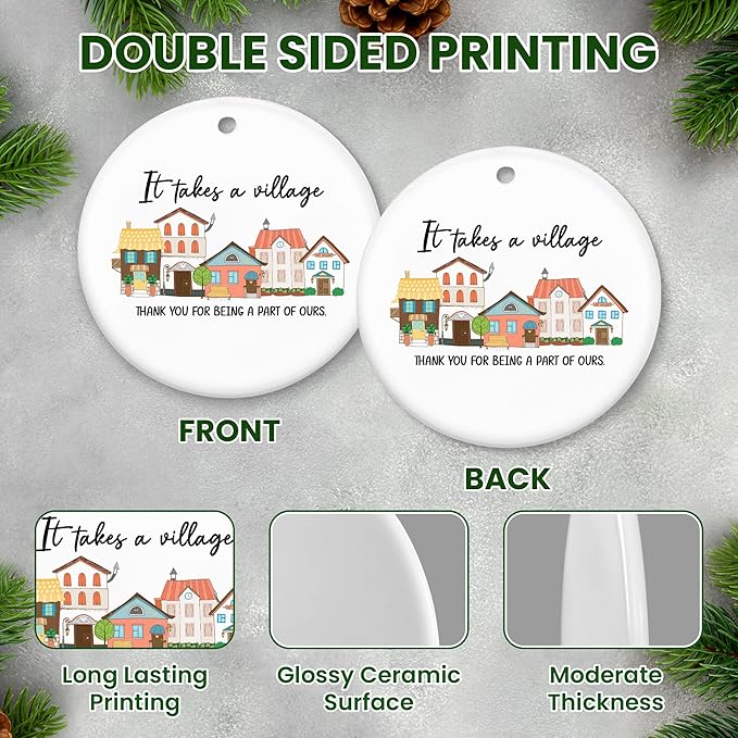 OASSIE Thank You Gifts for Women Men - It's Takes A Village Ceramic Christmas Ornaments 2025 - Christmas Appreciation Daycare Gifts for Neighbor Teacher Nurse Coworker Employee Nanny Babysitter